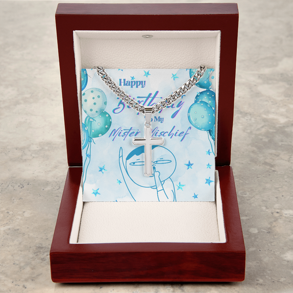 To My Mister Mischief | For Brother | Urban Saint Necklace | Birthday Card
